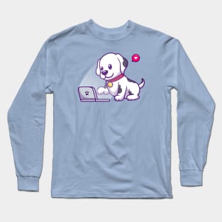 Cute Dalmatian Dog Playing Laptop Cartoon Long Sleeve T-Shirt